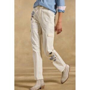 NWT! Sundance Starling Floral Embroidered Cargo Pants sz 8 Ivory Blue Flower